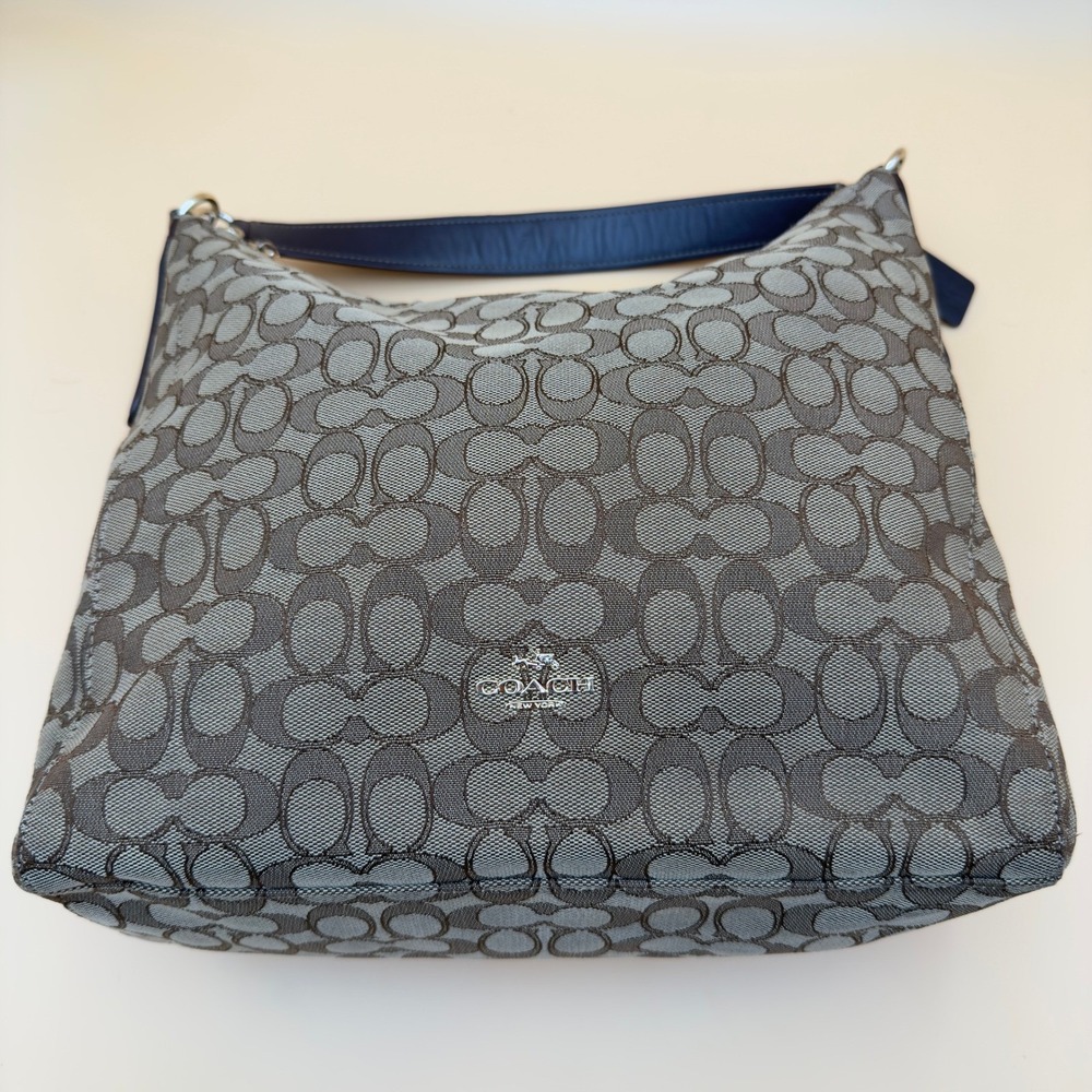 Preowned Coach Signature Jacquard Hobo Bag Khaki Mahogany leather trim